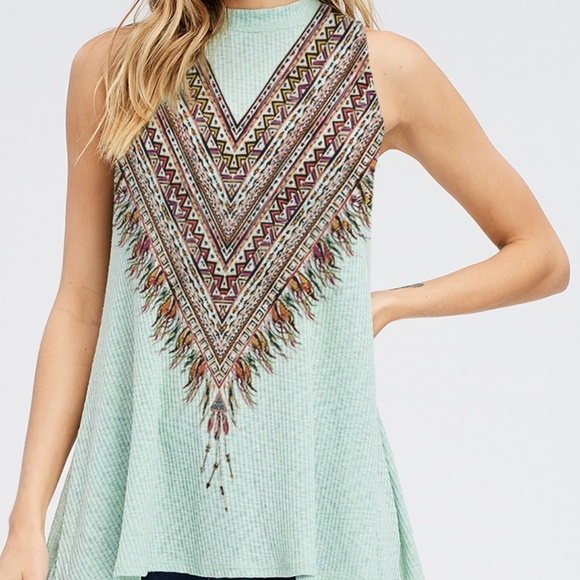 Tops - Feather Print Mock Neck Top